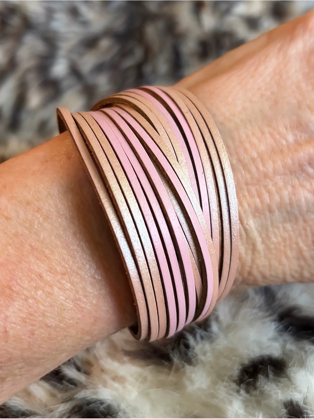 Multi-Strand Pink and Pearl Tan Leather Wrap Bracelet #1154